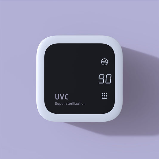 UVC sterilizer device with digital display on a purple background
